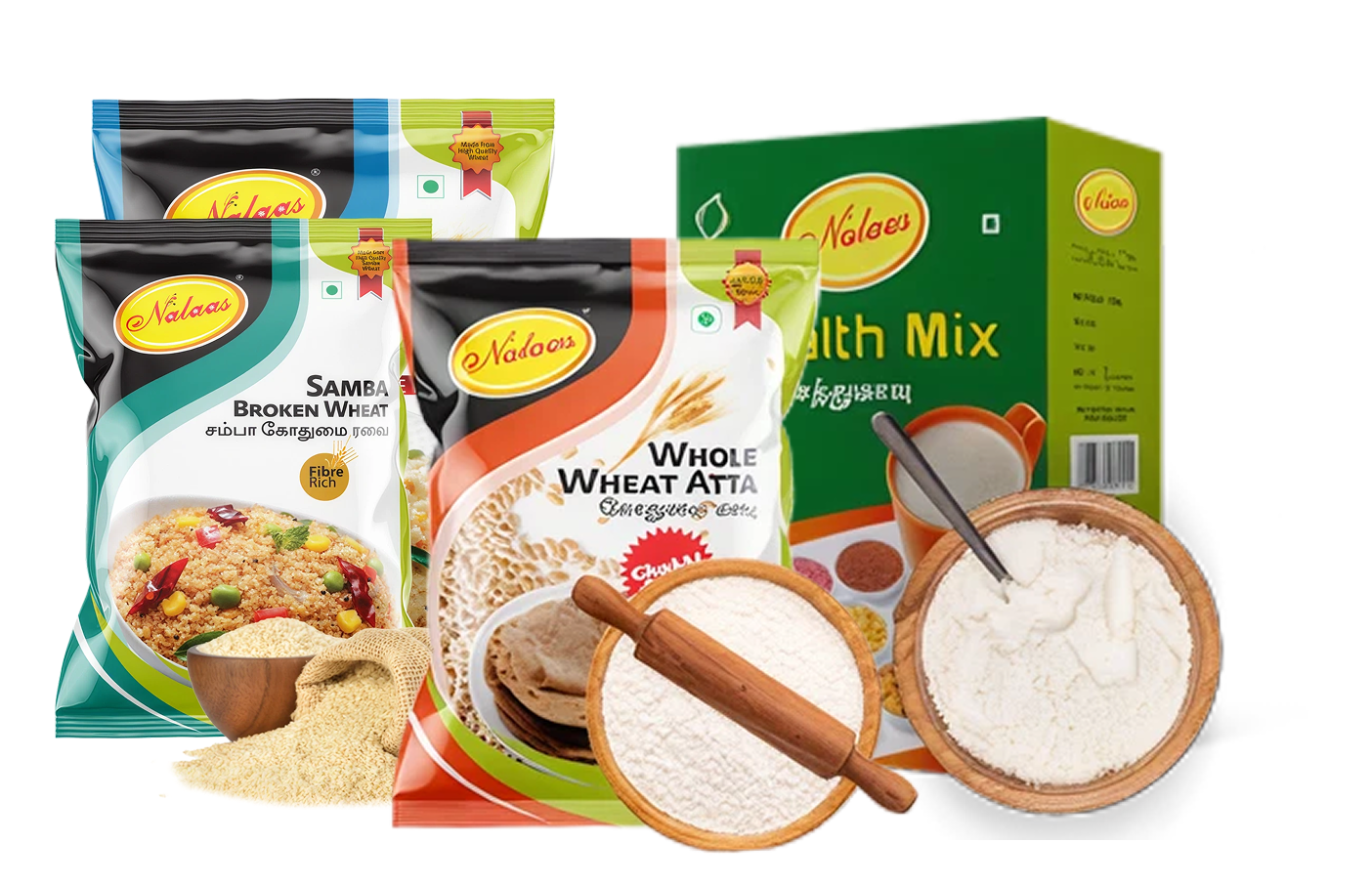 Nalaas Samba Broken Wheat, Whole Wheat Atta and Health Mix packs, with milled flour